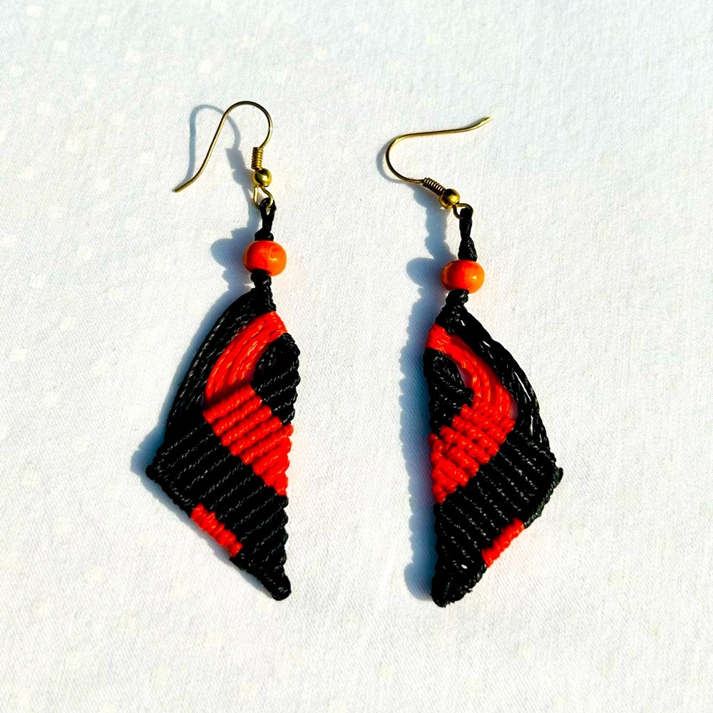 Macrame Earrings Coral Black Wood Bead Hand Made